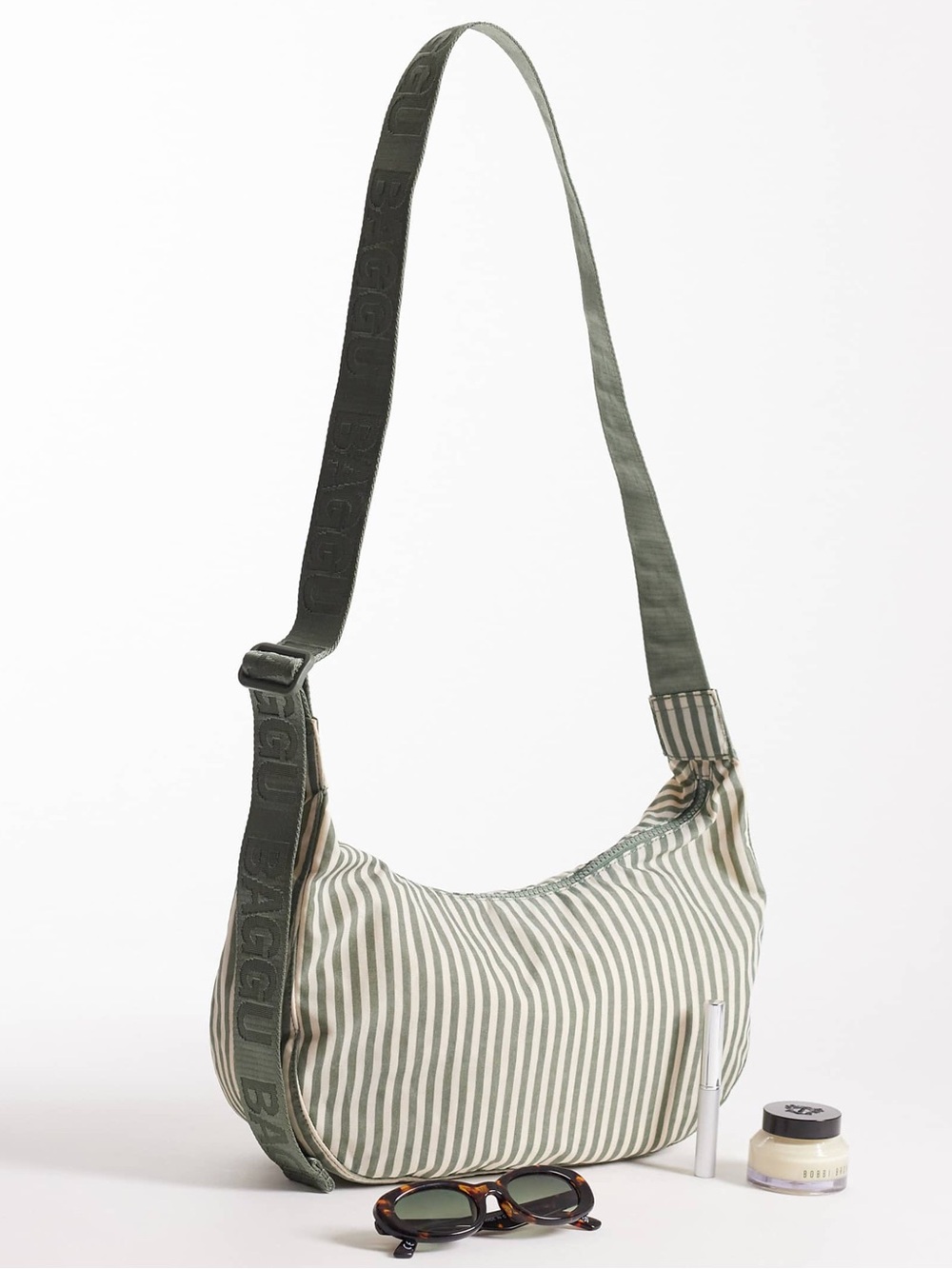UO BAGGU MEDIUM NYLON CRESCENT BAG IN SAGE STRIPE crossbody bag